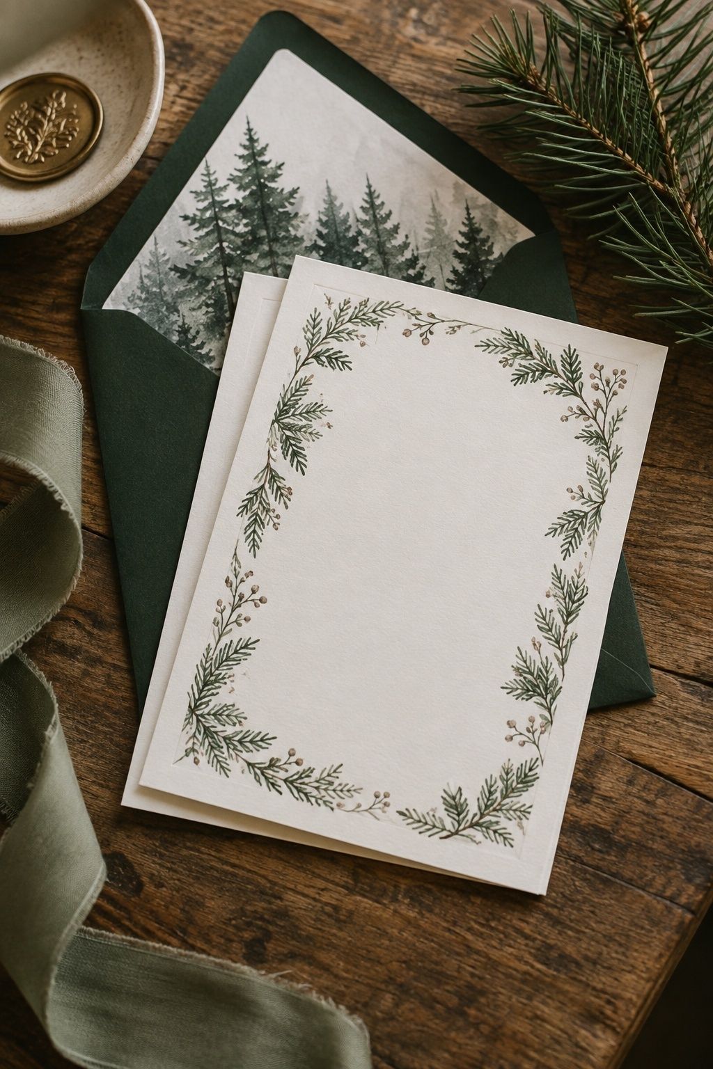 Evergreen and white botanical invitation