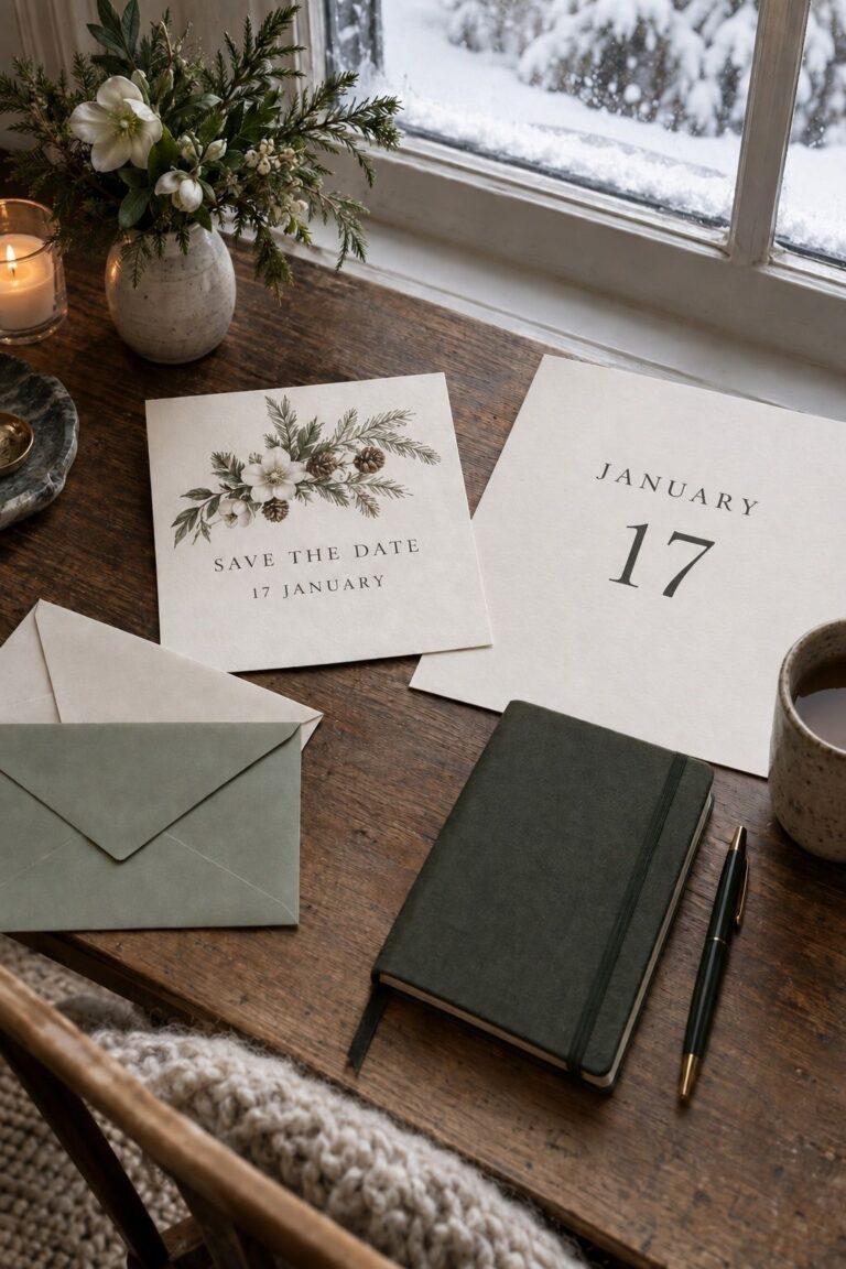 Winter Save The Date Timing styled for a winter wedding invitation suite