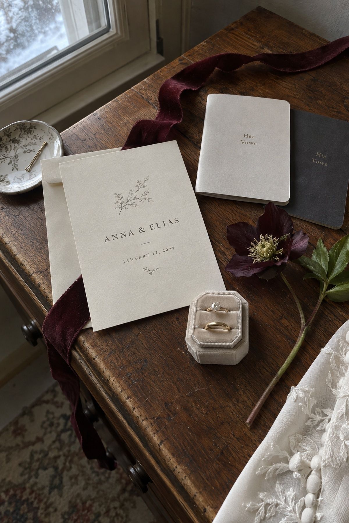 Flat lay of wedding rings and invitation