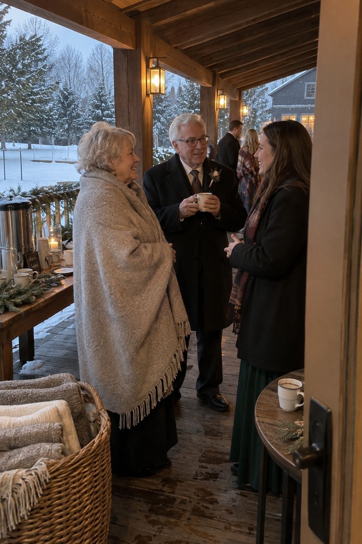 Guests with blankets and warm drinks