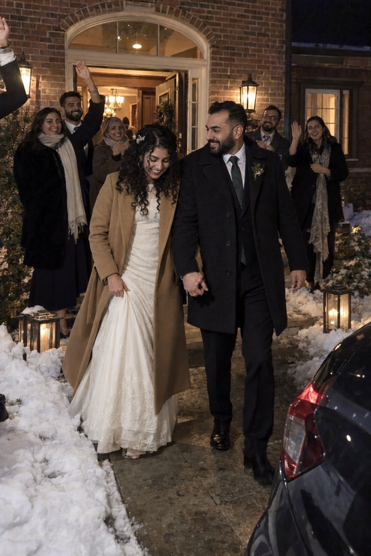 Couple's exit on a winter night