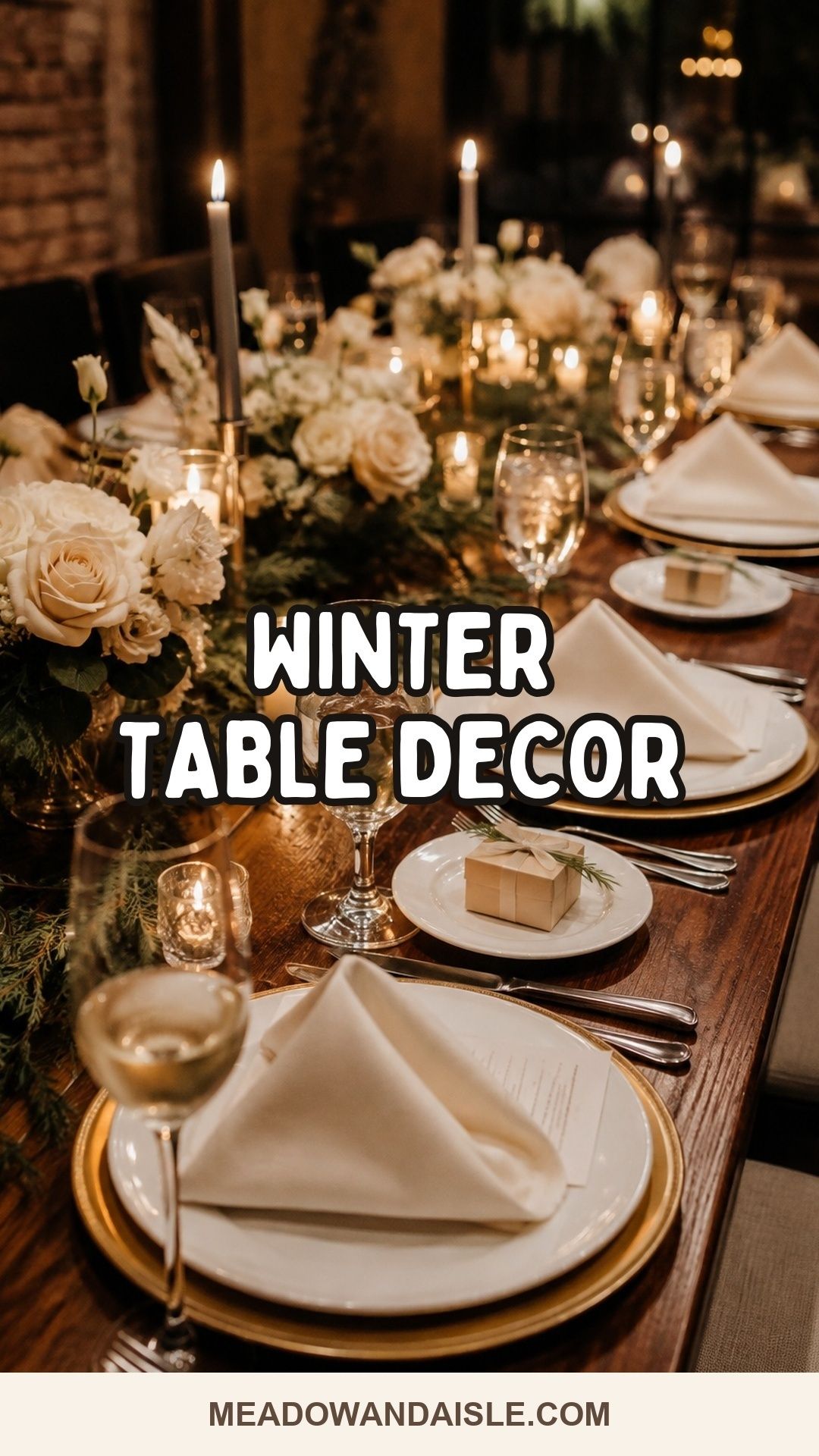 Winter wedding table decor with candlelight greenery and velvet details