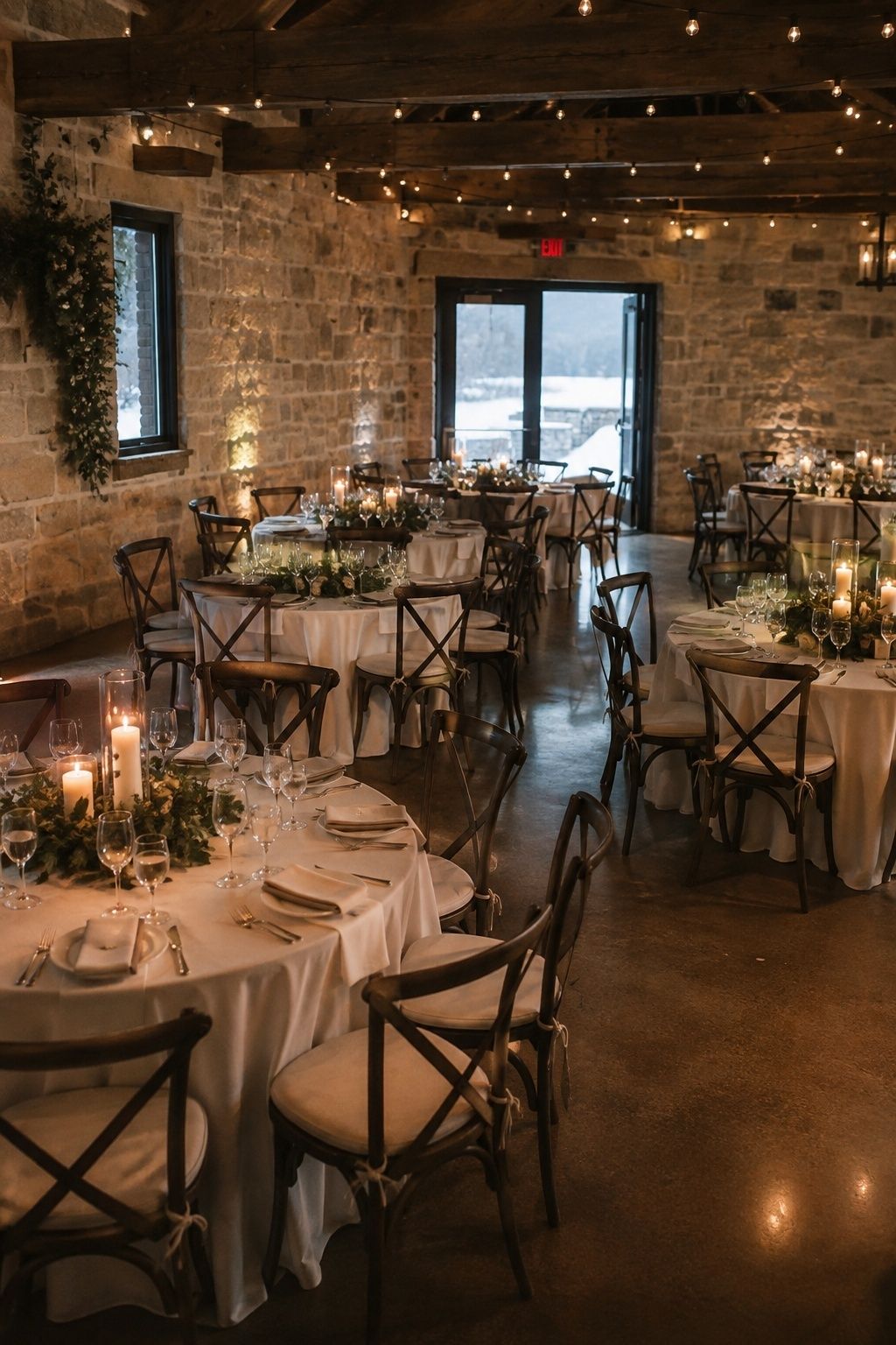 Round winter wedding reception tables with clear service aisles