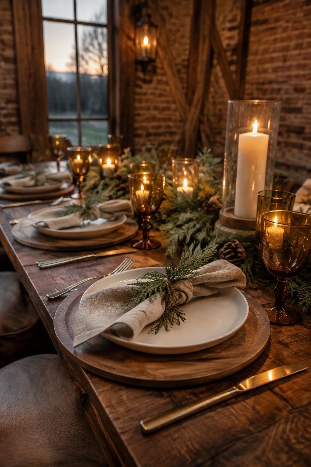 Wood charger warming a simple winter wedding place setting