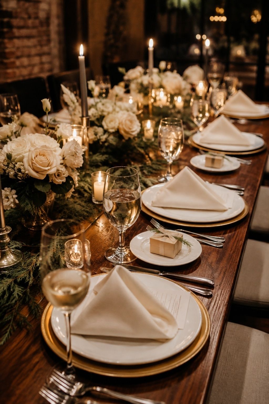 Winter wedding table decor still visible after menus and glassware arrive