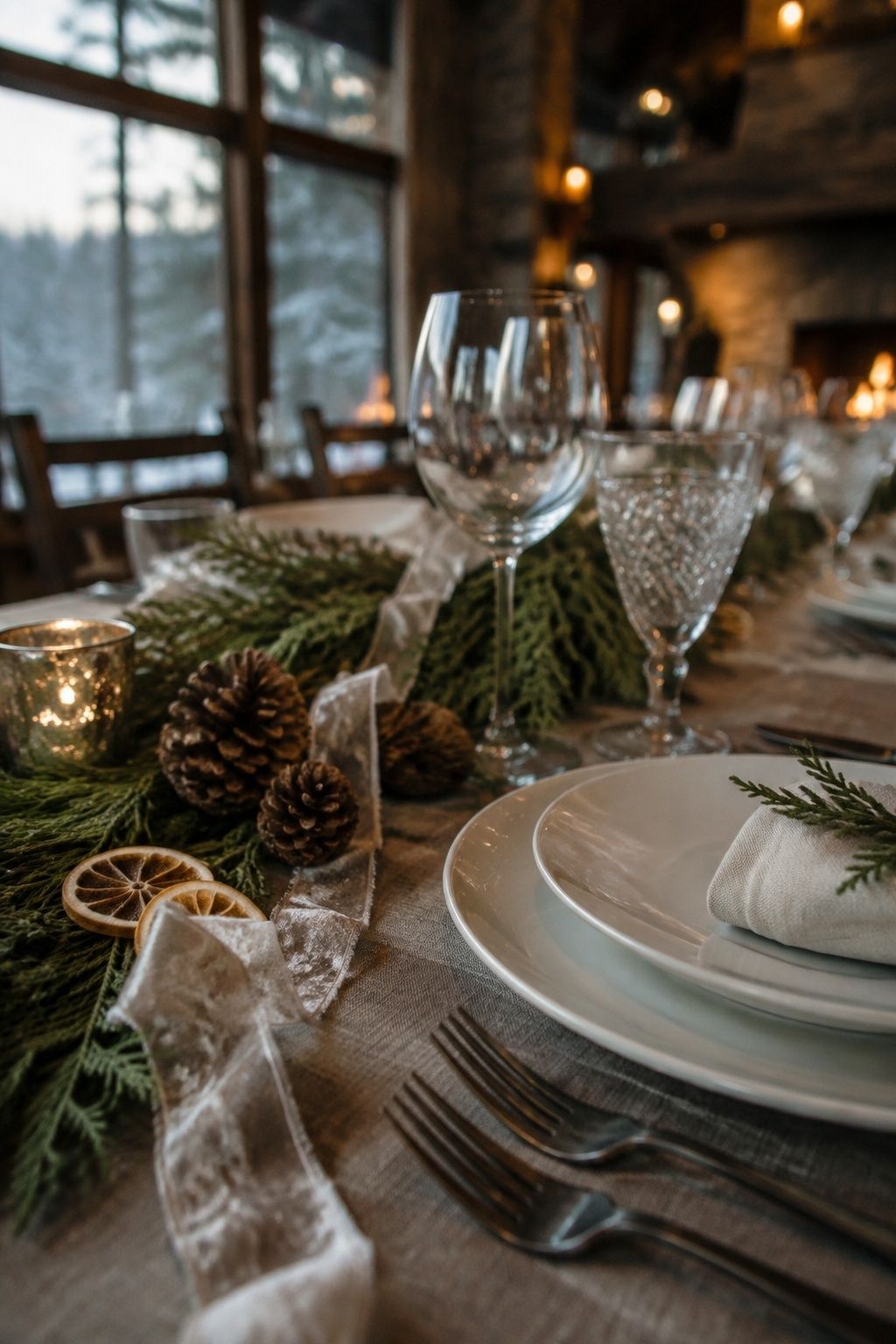 Pinecones and dried citrus used sparingly on a winter wedding table