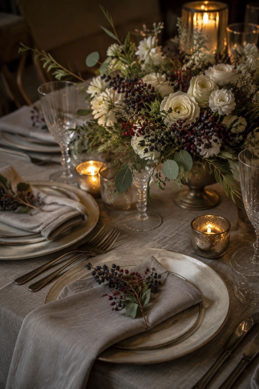 Subtle berry accents in winter wedding florals and napkins
