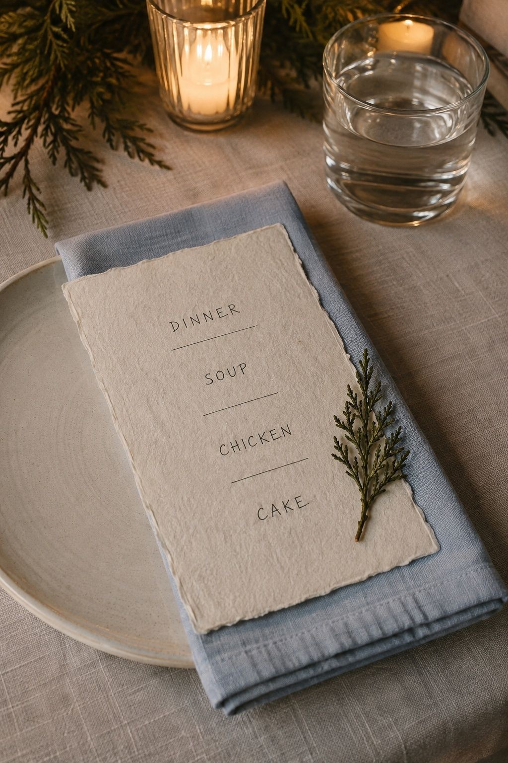 Handwritten cream menu card at an intimate winter wedding dinner