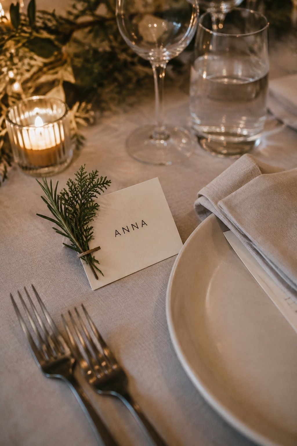 Place card tucked into rosemary and cedar greenery