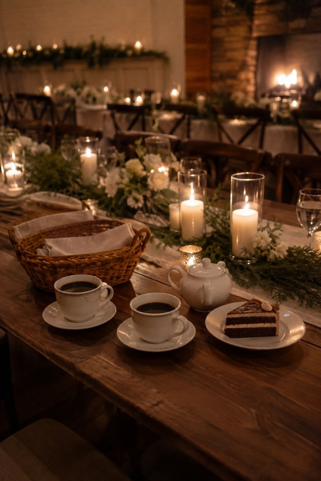 Winter wedding table with room for bread coffee and dessert