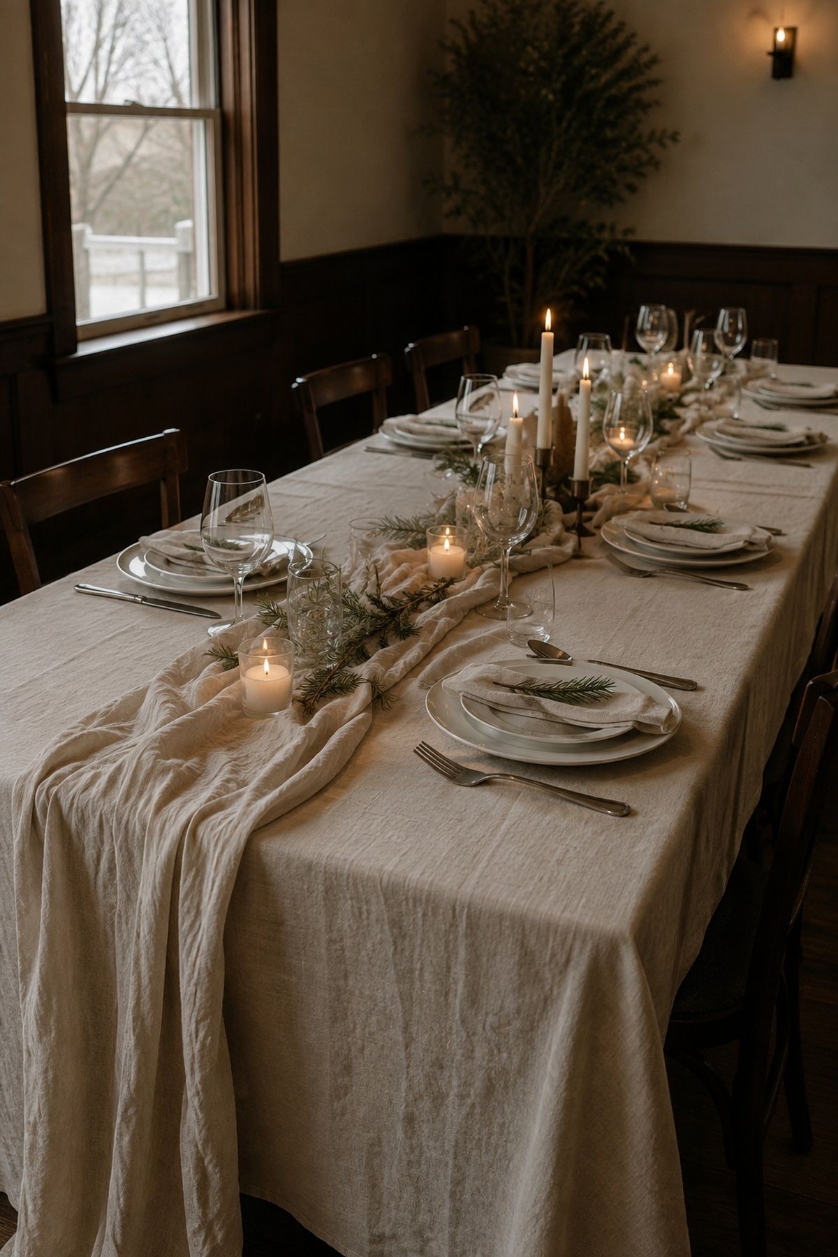 Warm linen tablecloth as the base of a winter table