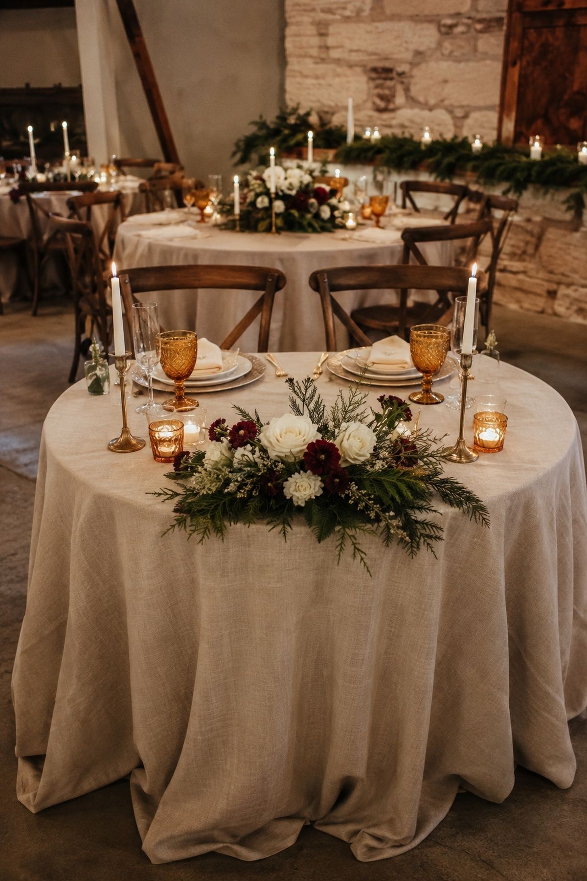 Sweetheart table styled as a mini version of the guest tables