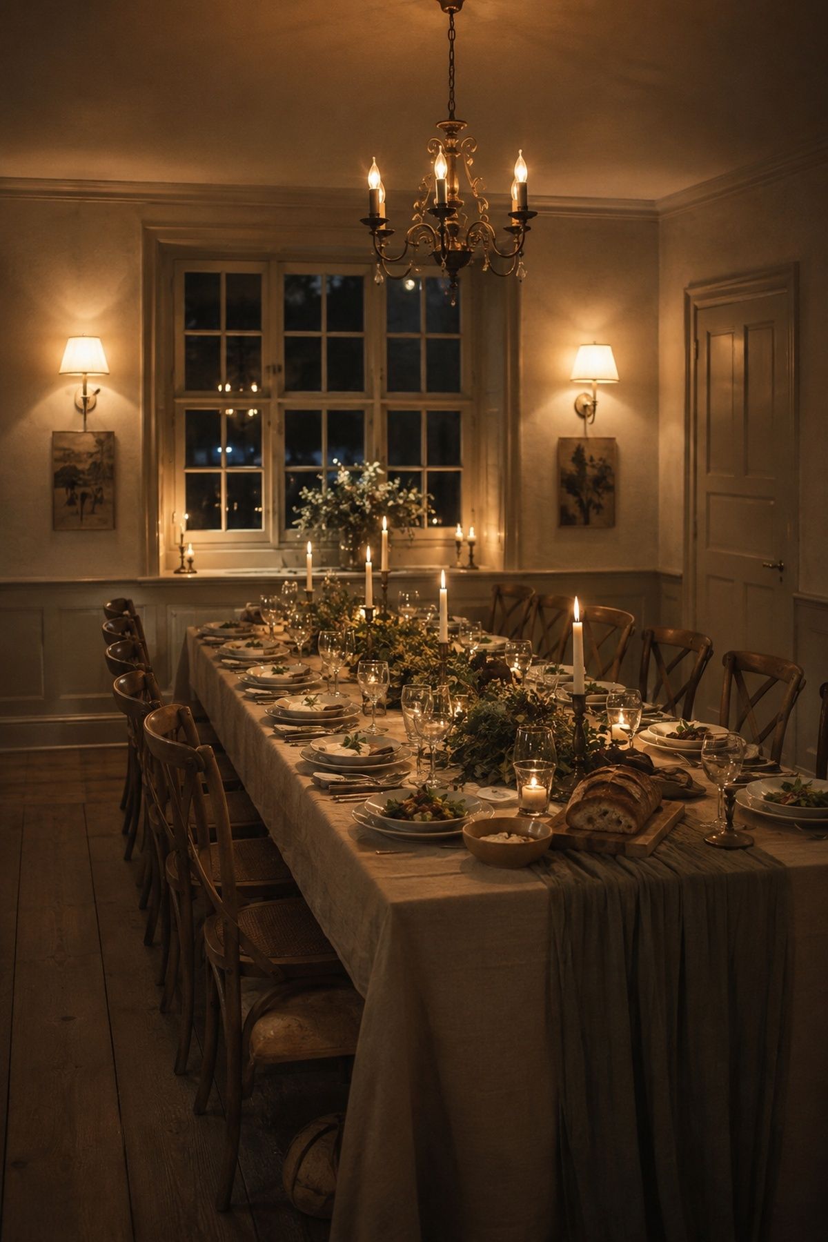 Overhead lighting supporting a winter tablescape
